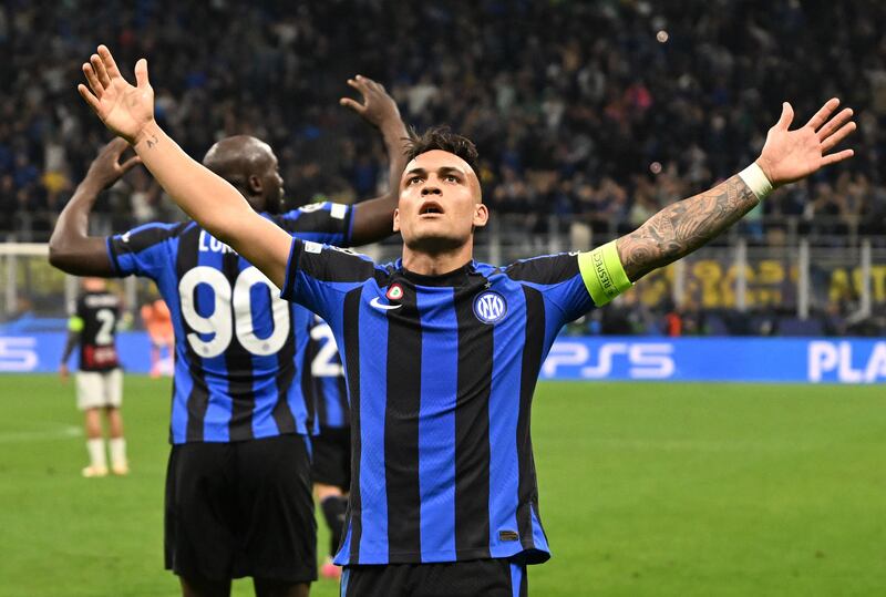 Inter Milan's Lautaro Martinez celebrates scoring the winner against AC Milan in the Champions League semi-final second leg at the San Siro on May 16, 2023. Reuters