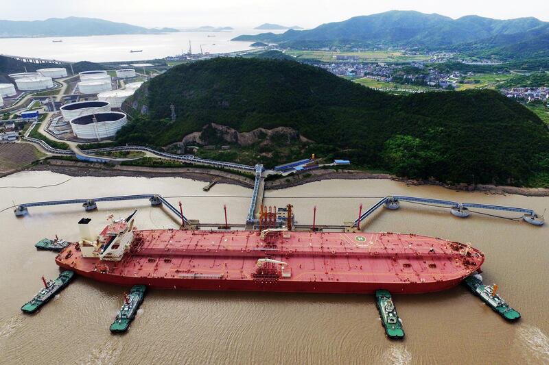 An oil tanker is seen at a crude oil terminal in Ningbo Zhoushan port, Zhejiang province, China May 16, 2017. Picture taken May 16, 2017. REUTERS/Stringer  ATTENTION EDITORS - THIS IMAGE WAS PROVIDED BY A THIRD PARTY. CHINA OUT.