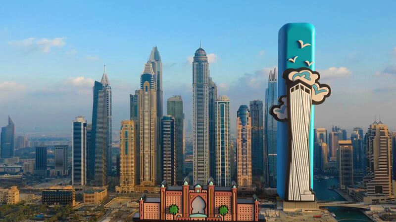 'I' sits behind a depiction of Dubai's twisty Cayman tower, with Atlantis, The Palm, sat before it.