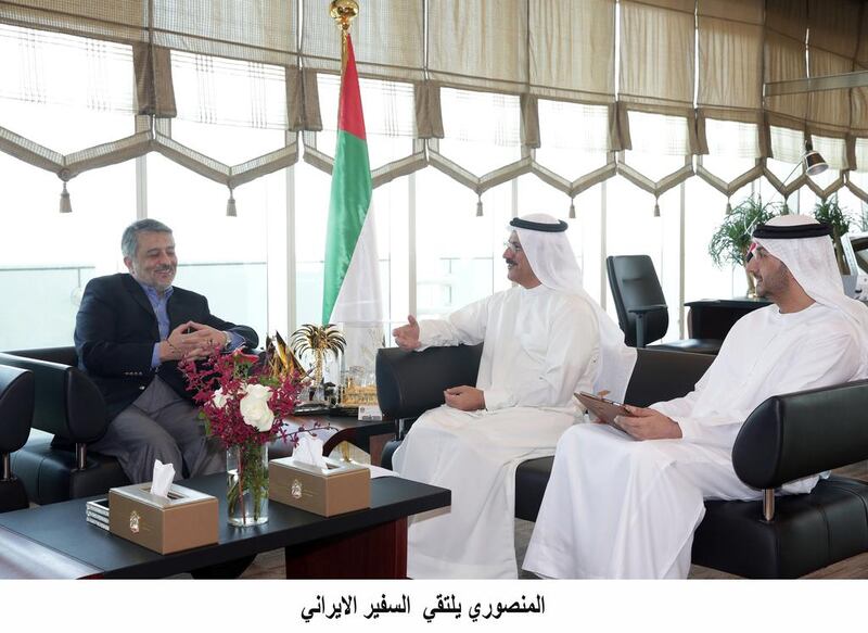 The Minister of Economy, Sultan Al Mansouri, and Iran’s ambassador to the UAE, Mohammad Reza Fayyaz, discuss economic relations between the two countries during a meeting in Abu Dhabi. Wam