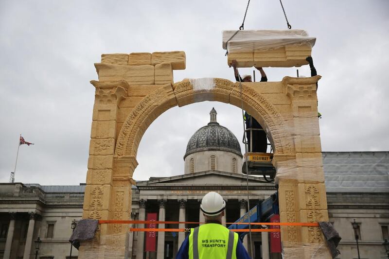 The six-metre-tall scale recreation of the Triumphal Arch is made of Egyptian marble and was carved in the northern Italian region of Tuscany using precision digital technology such as 3D modelling.

 Dan Kitwood / Getty Images