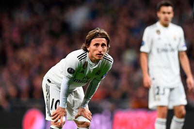 Real Madrid's Croatian midfielder Luka Modric reacts during the UEFA Champions League round of 16 second leg football match between Real Madrid CF and Ajax at the Santiago Bernabeu stadium in Madrid on March 5, 2019. / AFP / GABRIEL BOUYS                     
