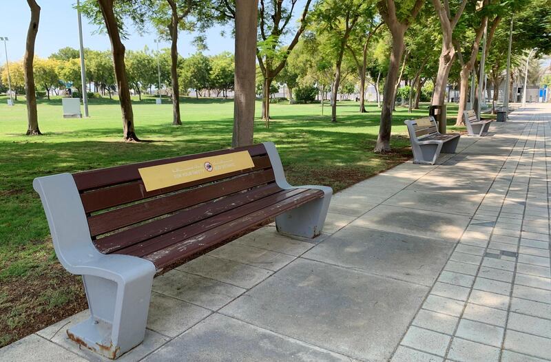 DUBAI, UNITED ARAB EMIRATES , October 10 – 2020 :- No sitting stickers pasted on the benches at the Zabeel park in Dubai. Stickers about Covid safety measures pasted all over the park for the visitors. (Pawan Singh / The National) For News/Stock/Online.