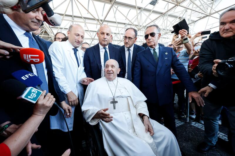 Pope Francis leaves Gemelli hospital in Rome, where he underwent abdominal surgery last week. EPA