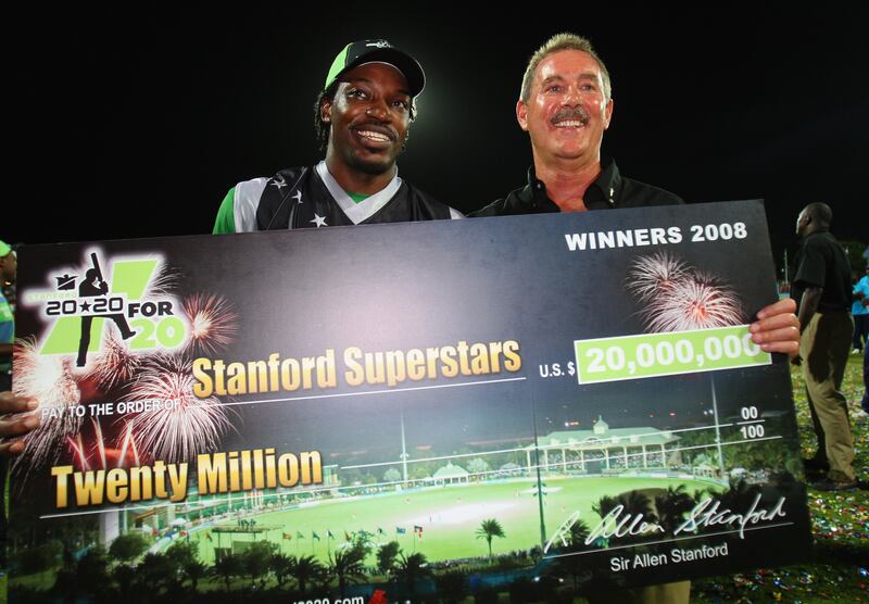 Sir Allen Stanford, who invested heavily in promoting cricket, poses with Chris Gayle of the Stanford Superstars in Antigua in 2008. Getty Images