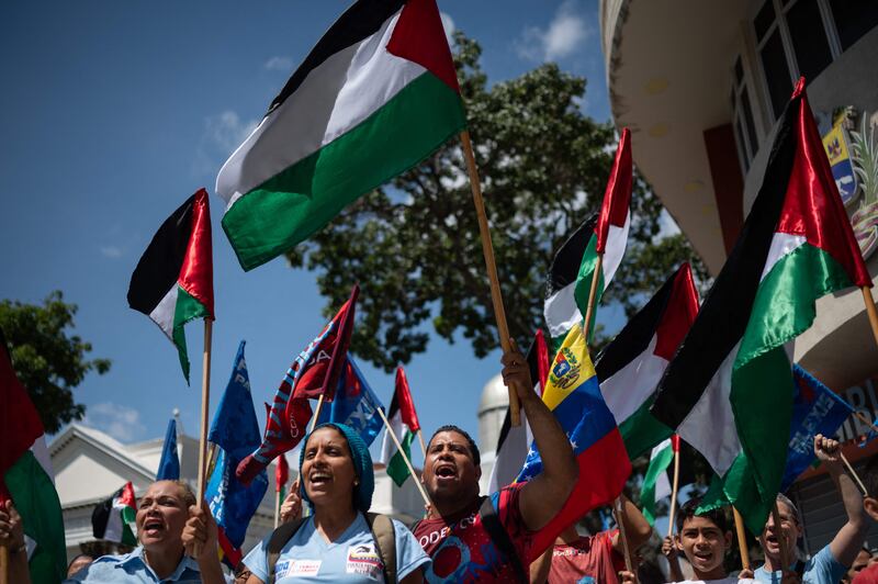 Protesters rally in support of the Palestinian people at Bolivar Square in Venezuela's capital, Caracas. AFP