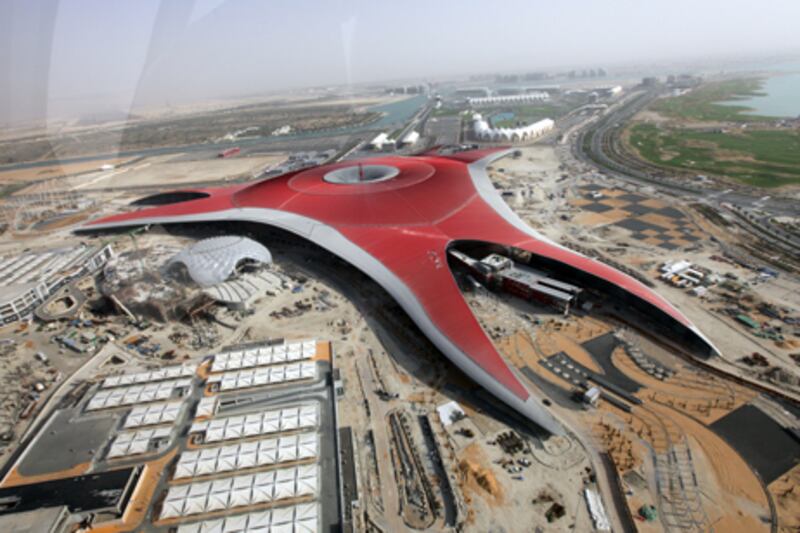 United Arab Emirates - Abu Dhabi - April 07 - 2010 : Ferrari World in Yas Island seen from an helicopter during a trip by FAS , Falcon Aviation Services. ( Jaime Puebla / The National )