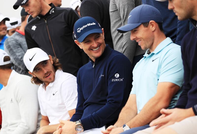 From left to right: Tommy Fleetwood, Justin Rose and Rory McIlroy take part in a photocall for the Abu Dhabi HSBC Championship. Matthew Lewis / Getty Images