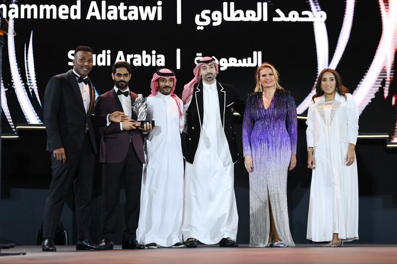 From left, Obaid Alwadaani; a guest; Ra’ed Alshammari; Mohammed Al Turki, chief executive of Red Sea International Film Festival; Yousra and Jomana AlRashid