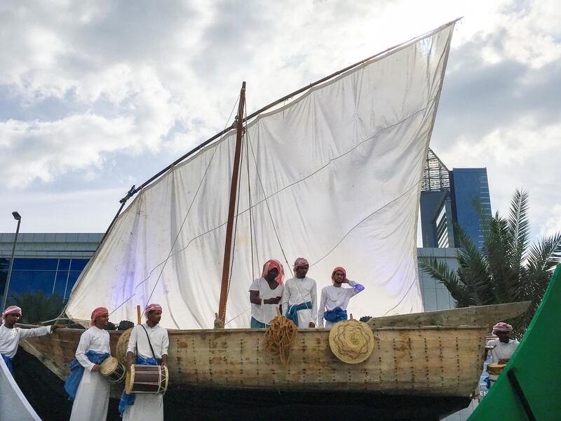 DUBAI, UNITED ARAB EMIRATES - NOVEMBER 28, 2018. 

A dhow with Emirati musicians is towed around Dubai Media City ahead of celebrations of UAE's 47th National Day.

(Photo by Reem Mohammed/The National)

Reporter: 
Section:  NA
