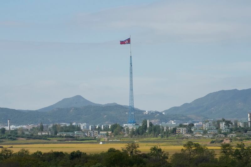 A North Korean flag near the border villages of Panmunjom in Paju, South Korea. October 4, 2022. AP Photo