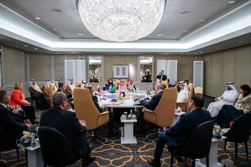 US Secretary of State Antony Blinken pictured in Riyadh with foreign ministers and senior officials from Saudi Arabia, Qatar, Egypt, Palestine, Jordan and the UAE. Wam