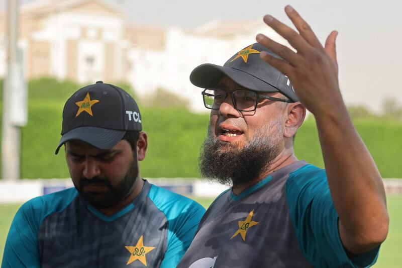 Pakistan coach Saqlain Mushtaq gives a press conference.   AFP