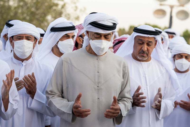 Sheikh Mohamed leads funeral prayers for Sheikh Khalifa on May 13, 2022. Photo: Ministry of Presidential Affairs
