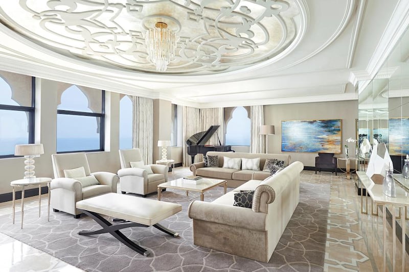 Above, the living room of the King Imperial Suite at Waldorf Astoria Ras Al Khaimah. Courtesy Waldorf Astoria Hotels & Resorts