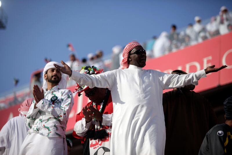 February 22, 2012 (Abu Dhabi)UAE fans celebrate has the UAE Olympic team plays Australia for a Olympic qulifier game play in Abu Dhabi February 22, 2012.  (Sammy Dallal / The National)