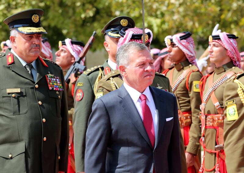 epa07109008 (FILE) - King Abdullah II of Jordan (C) reviews the Guard of Honor with Sultan of Brunei Hassan Bolkiah (not pictured) at al-Husseiniya Palace, Amman, Jordan, 04 October 2018 (reissued 21 October 2018). According to reports, King Abdullah II on 21 October said his county will terminate the annexes of Baquoura and Ghumar of the Jordanian peace treaty with Israel. The annexes of the agreement signed in 1994 were giving Israeli farmers the ownership of lands in Baquoura, in the north-western corner of the Kingdom, and Ghumar, south of the Dead Sea. The validity of the annexes was for 25 years and coming to an end on 25 October.  EPA/AMEL PAIN