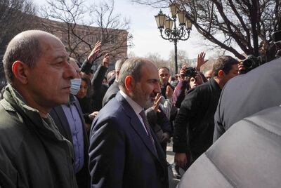 Armenian Prime Minister Nikol Pashinyan meets with participants of a gathering after he called on followers to rally in the centre of Yerevan, Armenia February 25, 2021. Pashinyan warned of an attempted military coup against him after the army demanded he and his government resign. REUTERS/Artem Mikryukov