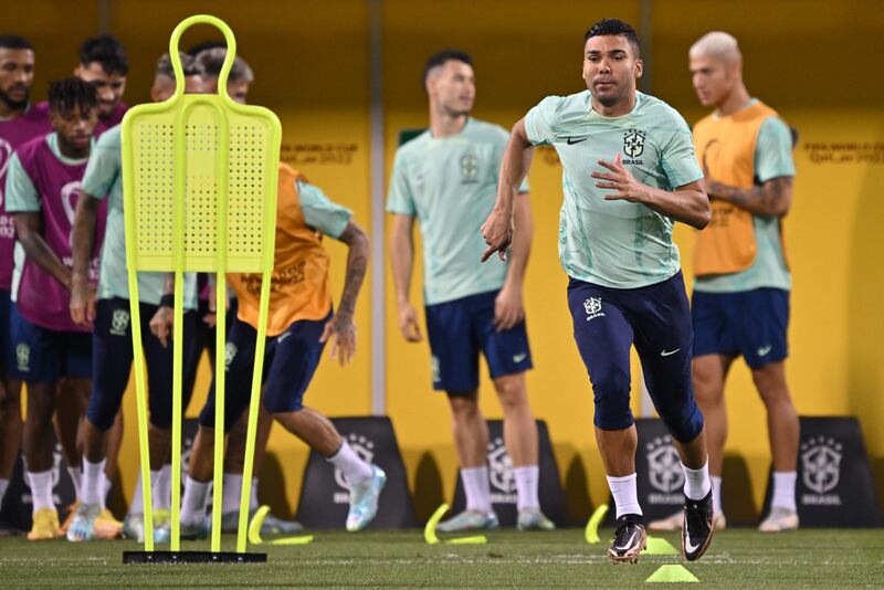 Casemiro takes part in training session at the Al Arabi SC Stadium in Doha. AFP