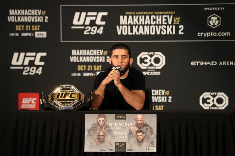 Islam Makhachev speaks to the media before his fight against Alexander Volkanovski at UFC 294.