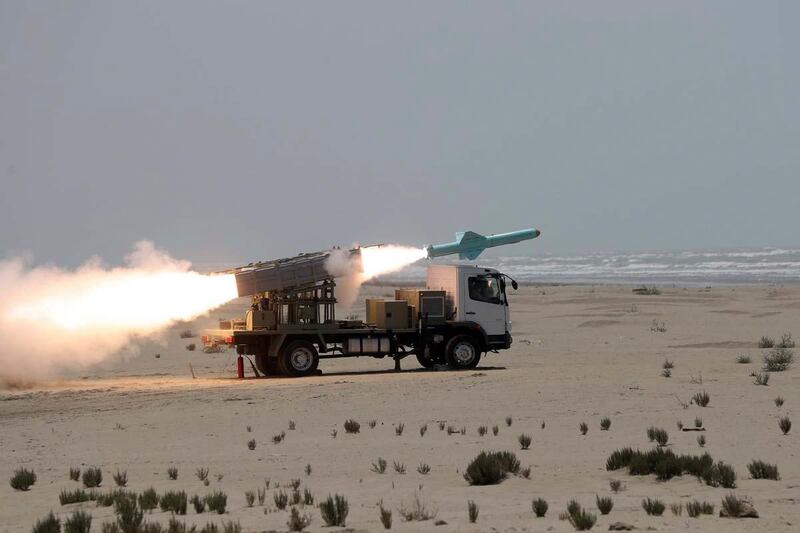 In this photo provided Thursday, June 18, 2020, by the Iranian Army, a missile is launched during a naval exercise. State media reported Thursday that Iran test fired cruise missiles in a naval exercise in the Gulf of Oman and northern Indian Ocean. The report by the official IRNA news agency said the missiles destroyed targets at a distance of 280 kilometers (170 miles). (Iranian Army via AP)