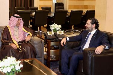 Lebanese Prime Minister Saad Hariri meets Saudi royal court envoy Nizar Al Aloula at the government palace in Beirut on February 13, 2019. Dalati Nohra via AP