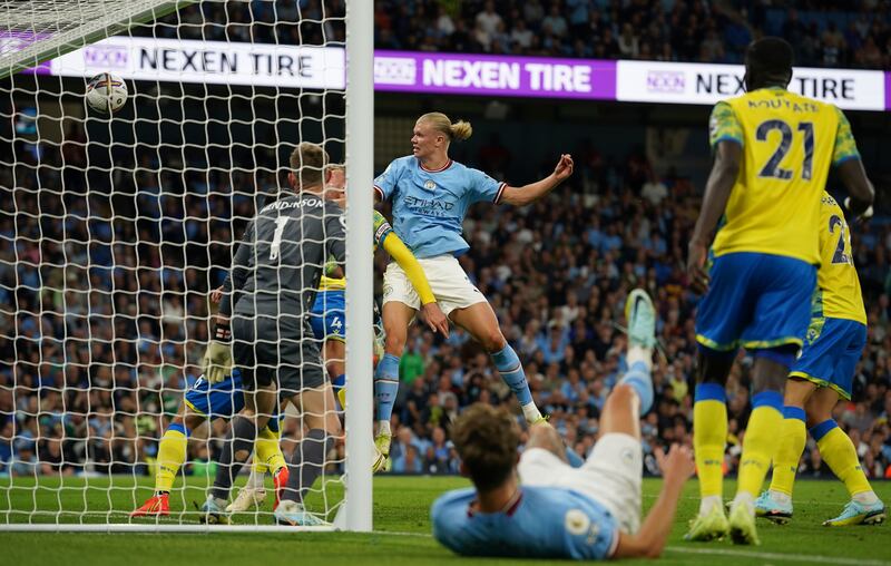 Erling Haaland scores his - and City's - third goal. AP