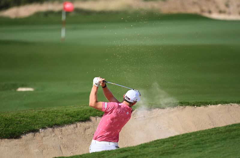 Joachim B. Hansen of Denmark plays a bunker shot on the third hole during a practice round prior to the Abu Dhabi HSBC Championship at Yas Links Golf Course. Getty Images
