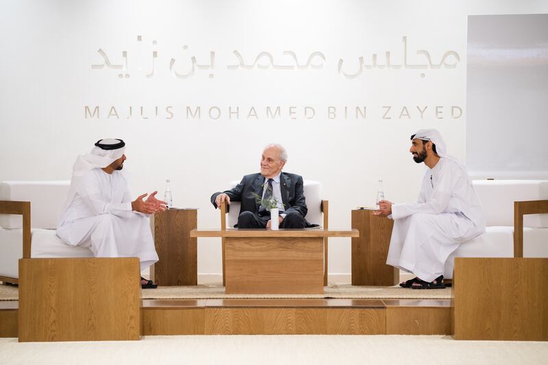 Sheikh Saif bin Zayed, Deputy Prime Minister and Minister of Interior, left, with Dr David Gross, centre, and Dr Ahmed Al Mheiri at Majlis Mohamed bin Zayed. Photo: Waleed Al Hassan