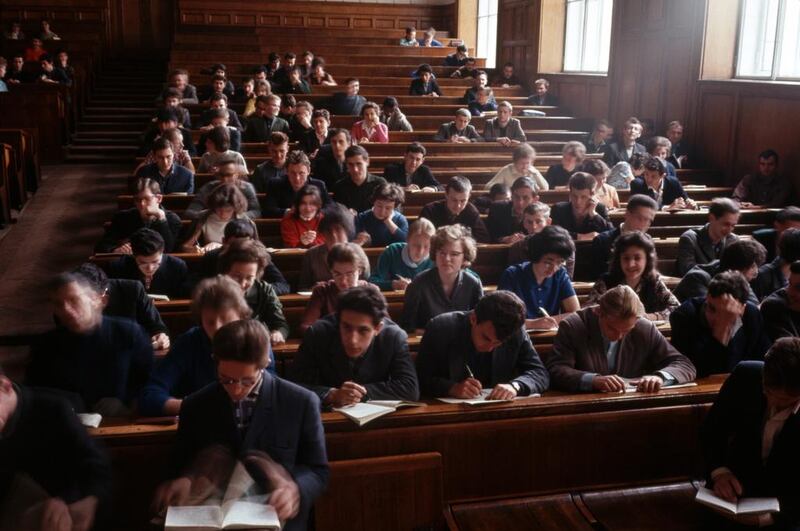 Students attending a lecture at Moscow University in the mid-1960s. Kadare loathed his experience of Soviet education. Dean Conger / Corbis