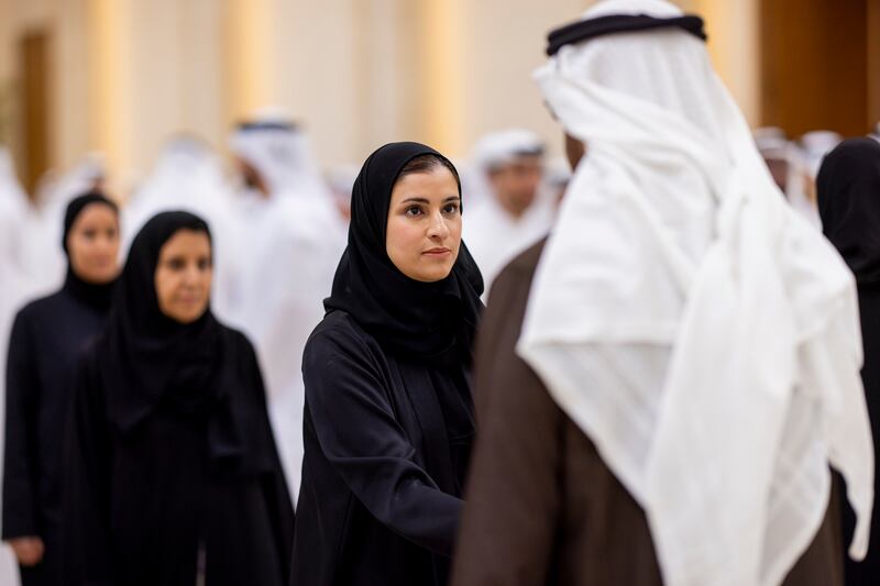President Sheikh Mohamed receives condolences from Sarah Al Amiri, Minister of State for Public Education and Advanced Technology, on the passing of Sheikh Tahnoon bin Mohammed, Ruler's Representative in Al Ain Region, at Al Mushrif Palace. Ryan Carter / UAE Presidential Court