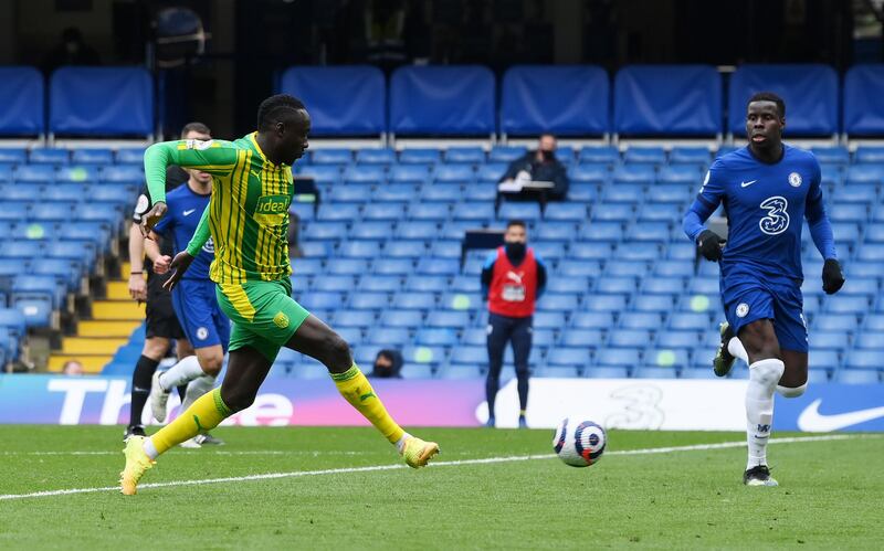 Mbaye Diagne of West Bromwich Albion scores his team's fourth goal at Stamford Bridge. Getty