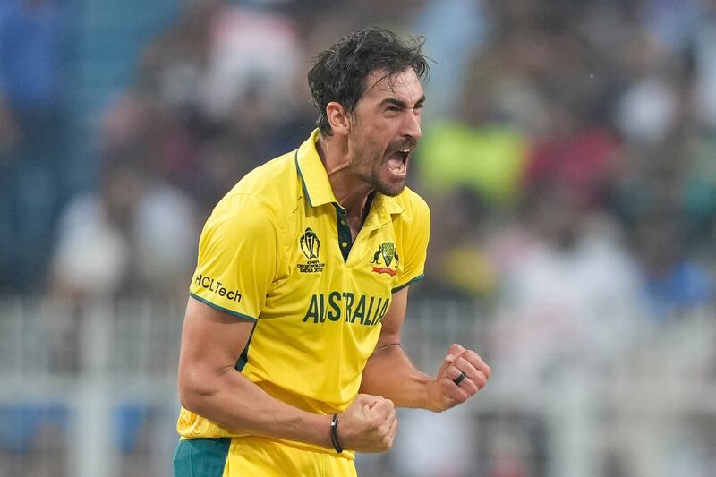Australia bowler Mitchell Starc celebrates the wicket of South Africa's Aiden Markram who was out for 10. AP