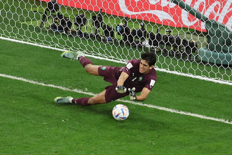 Bono of Morocco makes a save against a penalty by Carlos Soler of Spain in the penalty shoot-out. Getty 