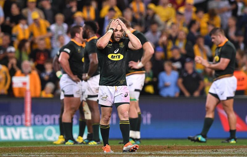 epa07005357 Faf de Klerk of the Springboks reacts following the Rugby Championship match between Australia and South Africa at Suncorp Stadium in Brisbane, 08 September 2018. South Africa lost the match 18-23.  EPA/DAVE HUNT AUSTRALIA AND NEW ZEALAND OUT