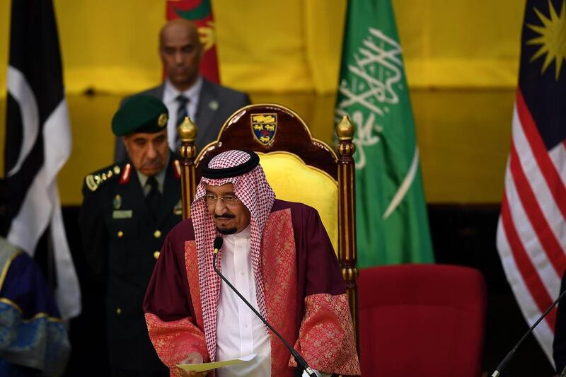 Saudi Arabia's King Salman  addresses a gathering after being conferred with an honorary degree of Doctor of Letters at the University Malaya in Kuala Lumpur. Manan Vatsyayana / AFP 