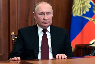 Russian President Vladimir Putin addresses the nation in the Kremlin in Moscow. AP Photo