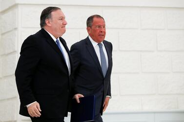 US Secretary of State Mike Pompeo and Russian Foreign Minister Sergey Lavrov leave a joint news conference in Sochi, Russia May 14, 2019. Reuters