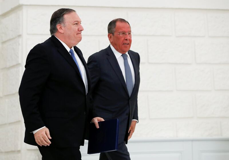 U.S. Secretary of State Mike Pompeo and Russian Foreign Minister Sergey Lavrov leave after their joint news conference following the talks in the Black Sea resort city of Sochi, Russia May 14, 2019. Pavel Golovkin/Pool via REUTERS