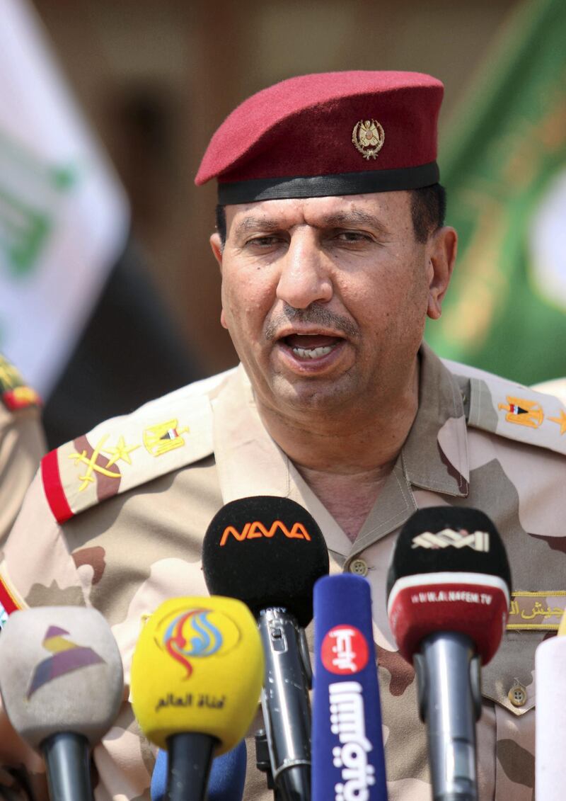 Staff General Jamil al-Shammari, Basra security operations commander, gives a press conference at the oeprations command headquarters in the southern city on September 5, 2018. (Photo by Haidar MOHAMMED ALI / AFP)