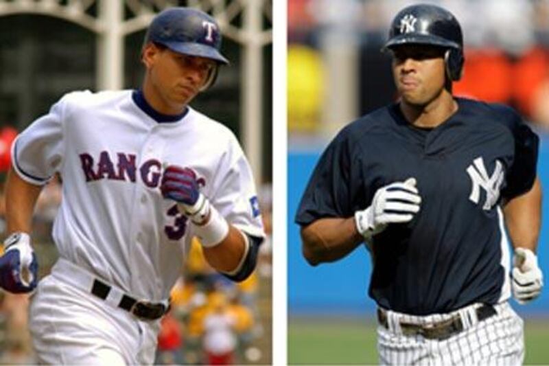 Rodriquez, left, during his time at the Texas Rangers and, right, as he warms up before a game for the New York Yankees, who he joined before the 2004 season.