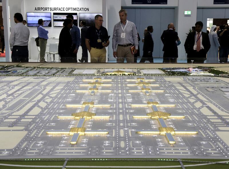 A model of Al Maktoum International Airport and surrounding areas was a main attraction at the Airport Show in Dubai. Jeffrey E Biteng / The National 