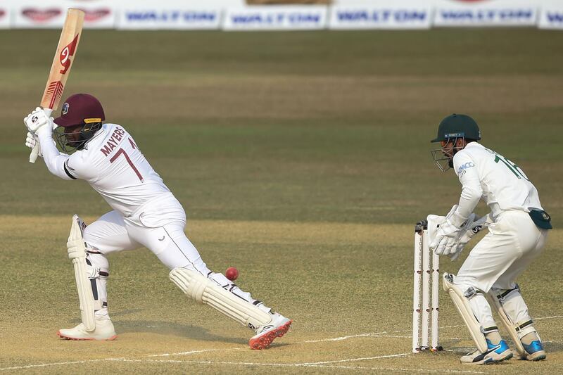 West Indies' Kyle Mayers plays a shot. AFP
