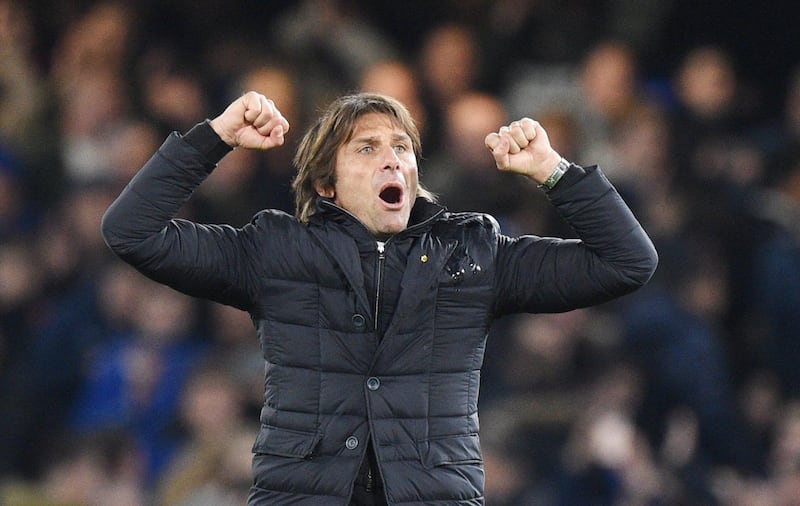 epa06310498 Chelsea manager Antonio Conte celebrates winning the English Premier League game between Chelsea and Manchester United at Stamford Bridge stadium in London, Britain, 05 November 2017.  EPA/FACUNDO ARRIZABALAGA EDITORIAL USE ONLY. No use with unauthorized audio, video, data, fixture lists, club/league logos or 'live' services. Online in-match use limited to 75 images, no video emulation. No use in betting, games or single club/league/player publications