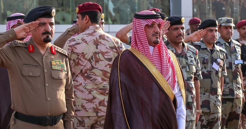Saudi Arabia's Minister of InteriorAbdulaziz bin Saud bin Nayef looks on during the drill.