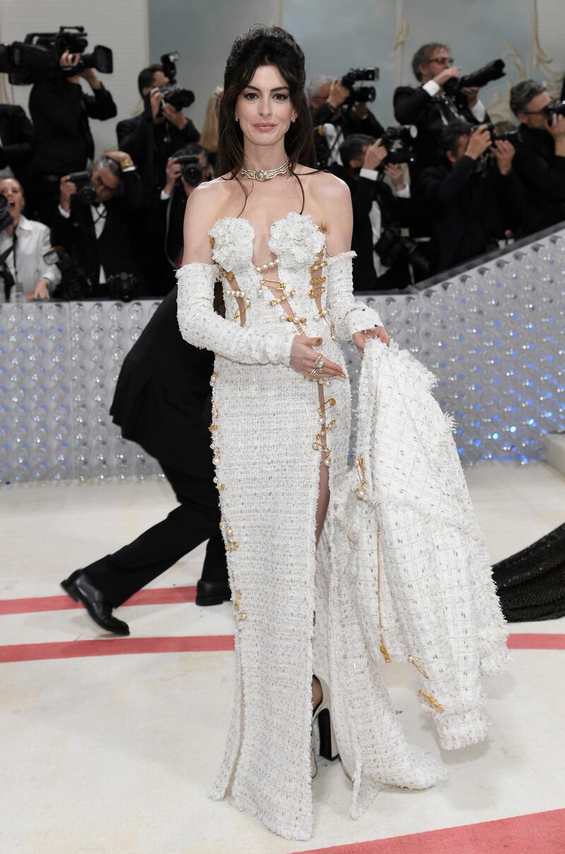 Anne Hathaway in custom Versace. AP