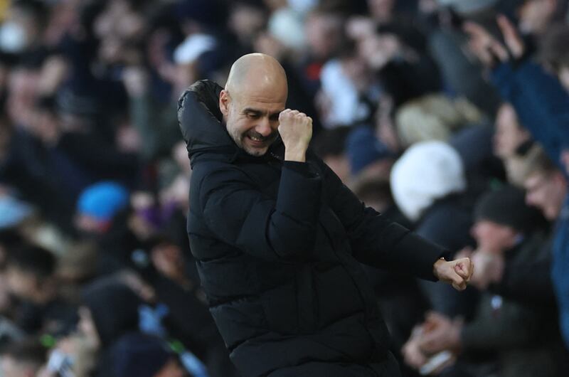 Manchester City manager Pep Guardiola celebrates after Kevin De Bruyne scores their second goal. Action Images