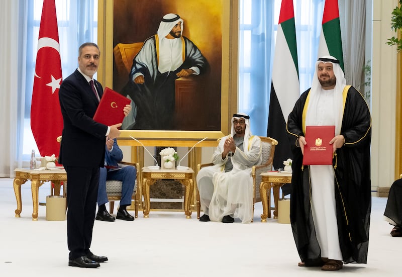 President Sheikh Mohamed and Mr Erdogan witness a memorandum of understanding exchange ceremony. Photo: UAE Presidential Court 