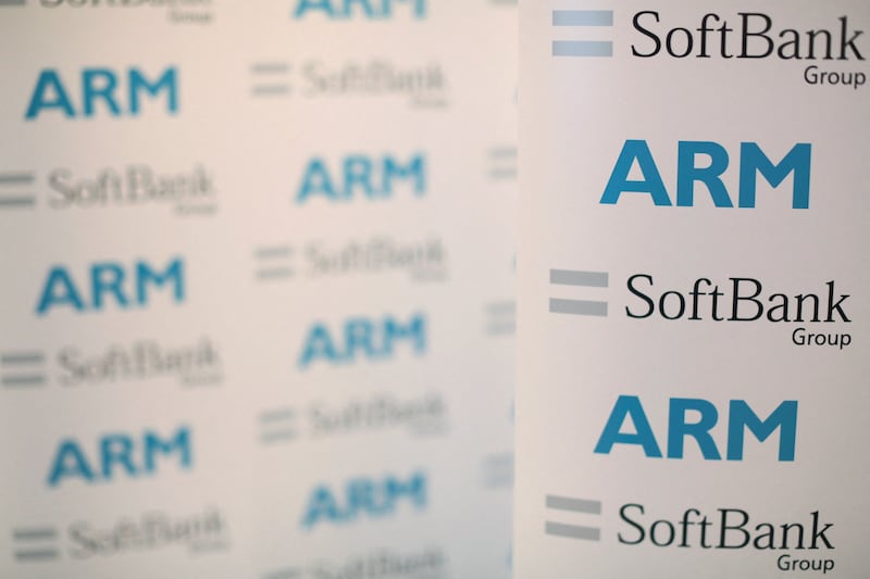 An ARM and SoftBank branded board displayed at a news conference in London. Reuters