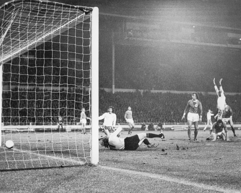 Colin Bell celebrates scoring England's first goal in an international friendly against West Germany at Wembley Stadium, 12th March 1975. England won the match 2-0. (Photo by Central Press/Hulton Archive/Getty Images)